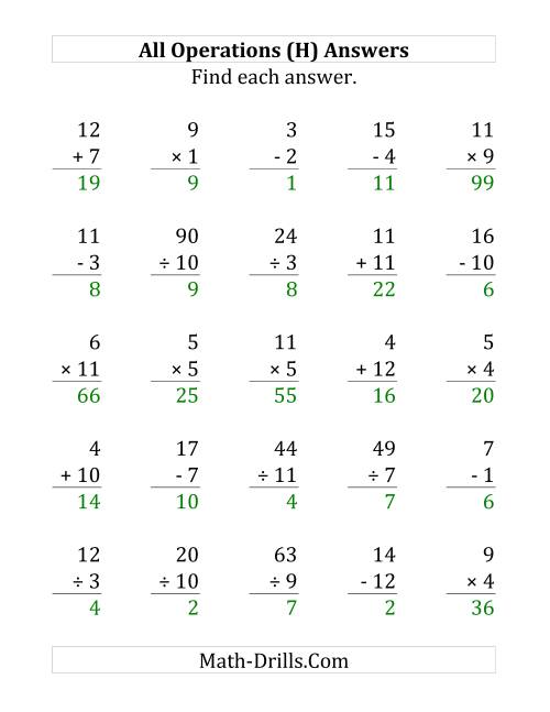 The All Operations with Facts From 1 to 12 (H) Math Worksheet Page 2