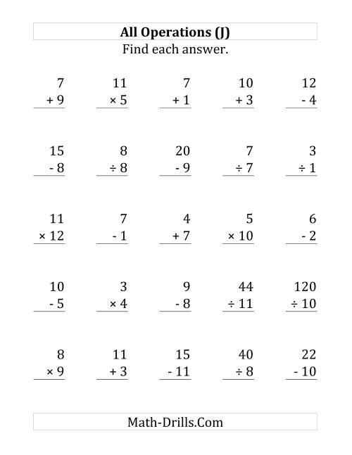 The All Operations with Facts From 1 to 12 (J) Math Worksheet