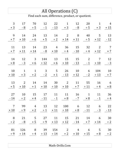 The All Operations with Facts From 1 to 15 (C) Math Worksheet
