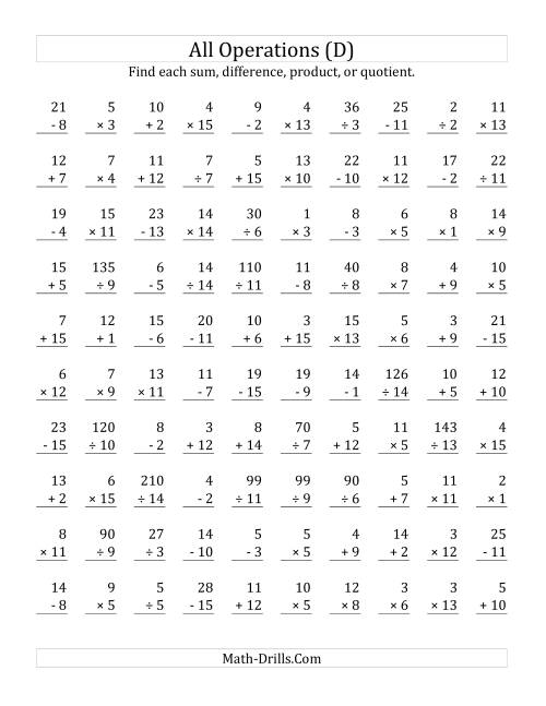 The All Operations with Facts From 1 to 15 (D) Math Worksheet