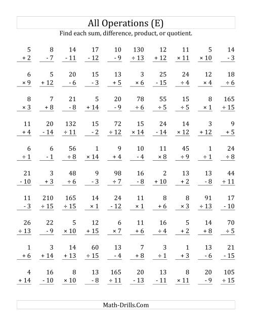 The All Operations with Facts From 1 to 15 (E) Math Worksheet