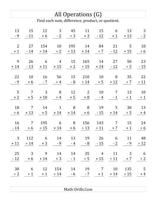 The All Operations with Facts From 1 to 15 (G) Math Worksheet