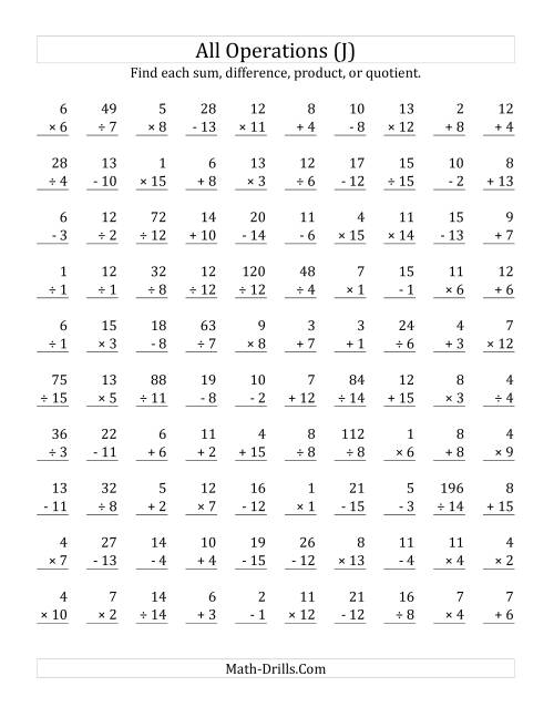 The All Operations with Facts From 1 to 15 (J) Math Worksheet