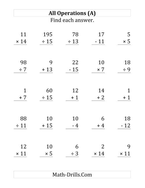 The All Operations with Facts From 1 to 15 (A) Math Worksheet