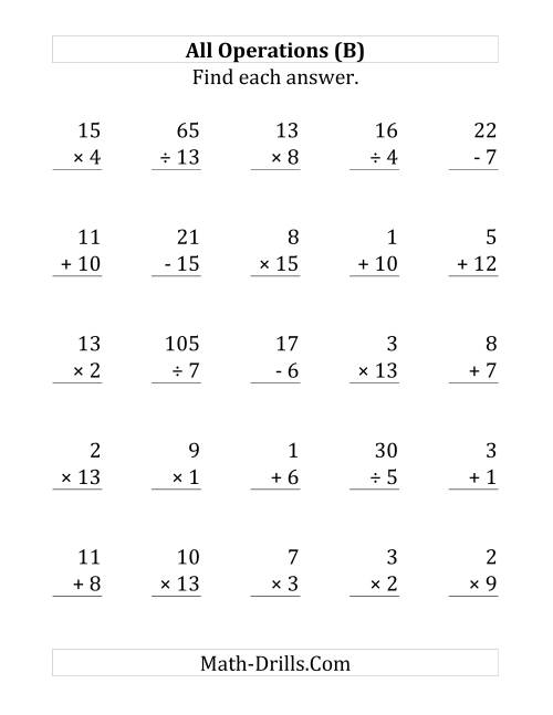 The All Operations with Facts From 1 to 15 (B) Math Worksheet