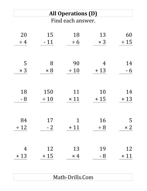 The All Operations with Facts From 1 to 15 (D) Math Worksheet
