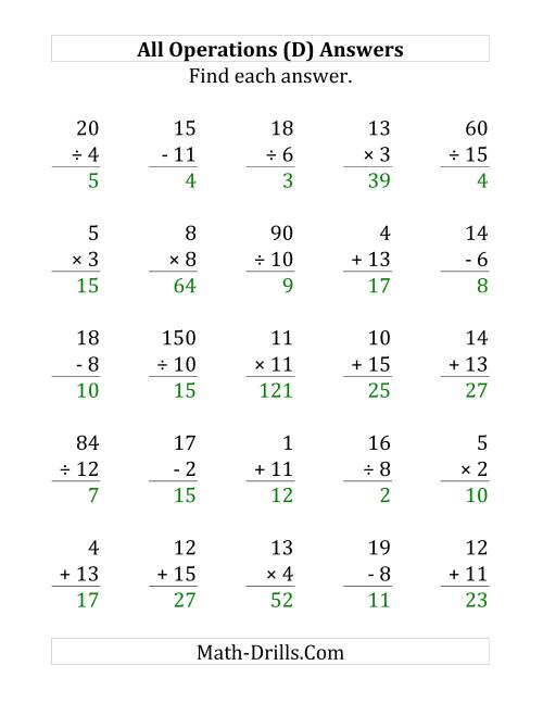 The All Operations with Facts From 1 to 15 (D) Math Worksheet Page 2