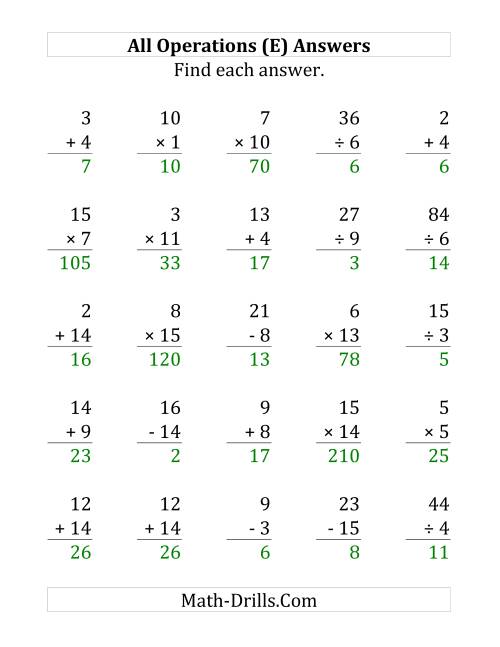 The All Operations with Facts From 1 to 15 (E) Math Worksheet Page 2