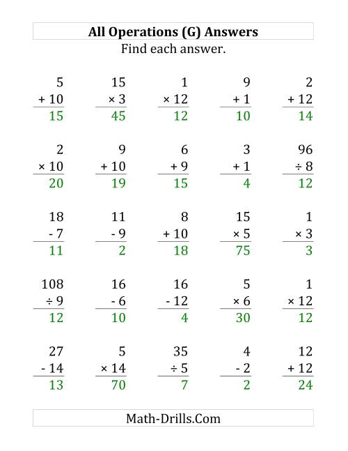 The All Operations with Facts From 1 to 15 (G) Math Worksheet Page 2