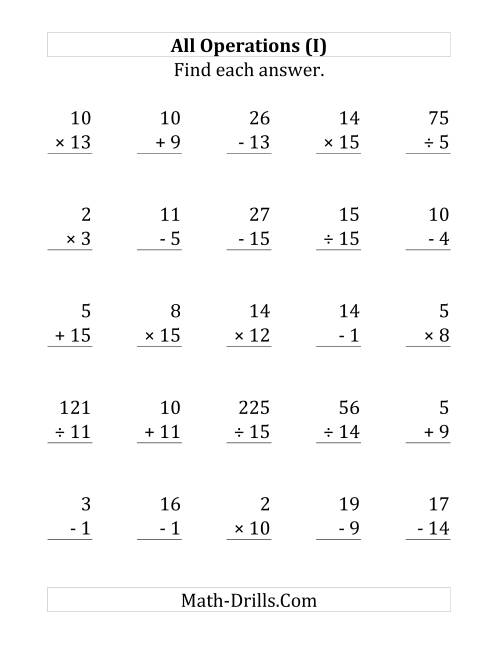 The All Operations with Facts From 1 to 15 (I) Math Worksheet