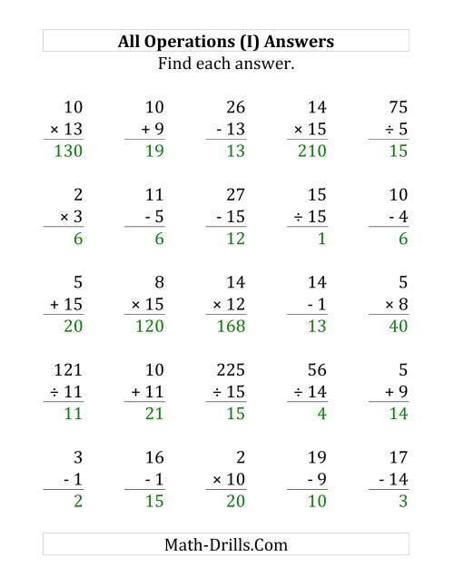 The All Operations with Facts From 1 to 15 (I) Math Worksheet Page 2