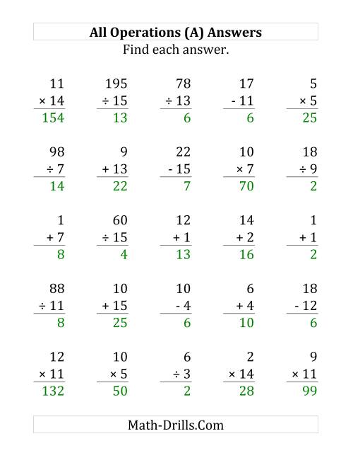 The All Operations with Facts From 1 to 15 (Large Print) Math Worksheet Page 2