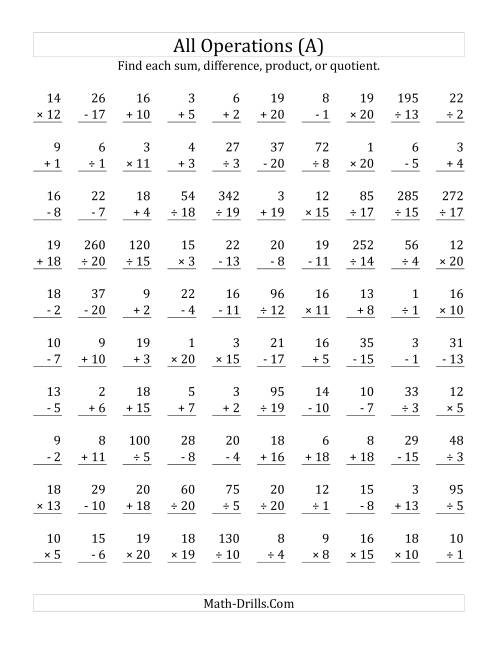 All Operations With Facts From 1 To 20 A Mixed Operations Worksheet