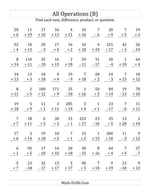 The All Operations with Facts From 1 to 20 (B) Math Worksheet