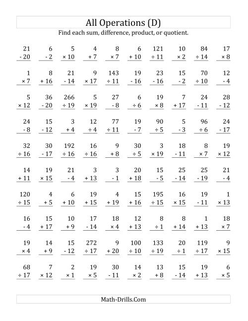 The All Operations with Facts From 1 to 20 (D) Math Worksheet