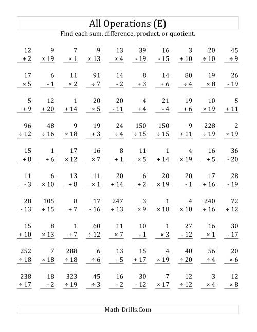 The All Operations with Facts From 1 to 20 (E) Math Worksheet