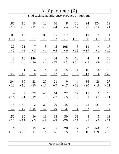 The All Operations with Facts From 1 to 20 (G) Math Worksheet