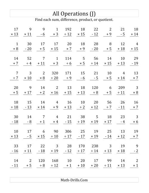 The All Operations with Facts From 1 to 20 (J) Math Worksheet