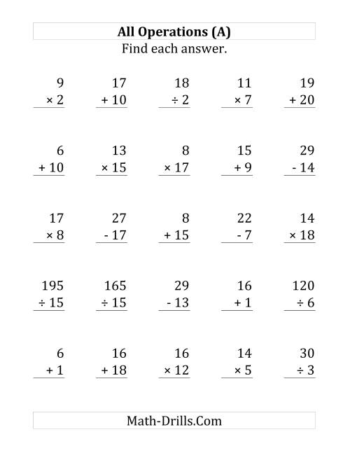 The All Operations with Facts From 1 to 20 (A) Math Worksheet