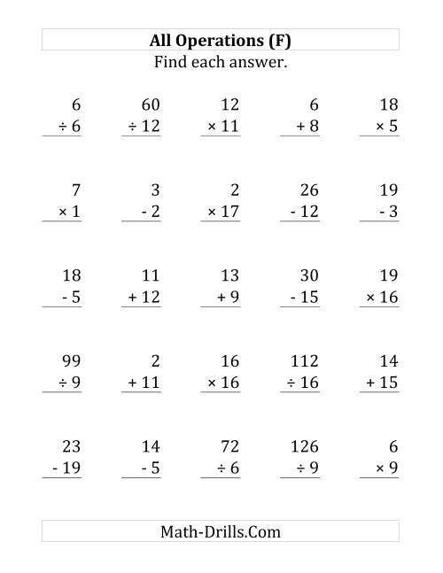 The All Operations with Facts From 1 to 20 (F) Math Worksheet