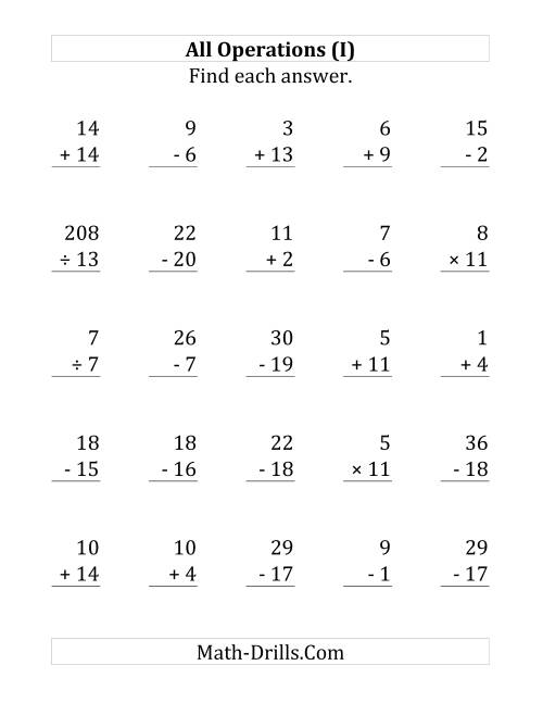 The All Operations with Facts From 1 to 20 (I) Math Worksheet
