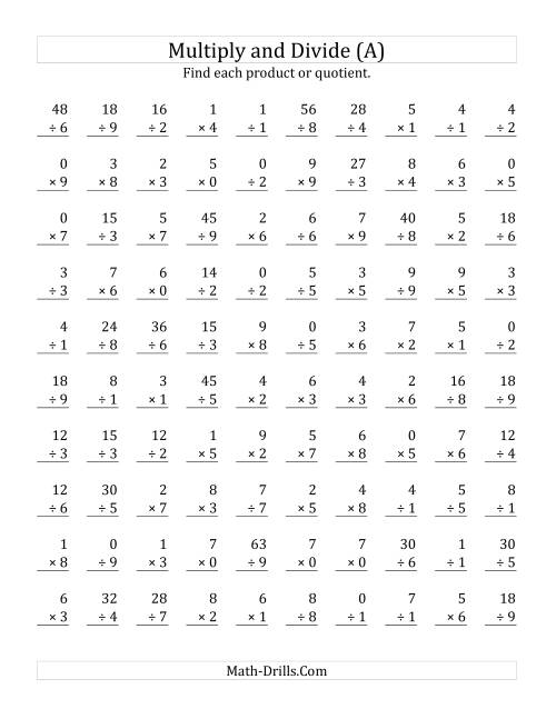 The Multiplying and Dividing with Facts From 0 to 9 (A) Math Worksheet