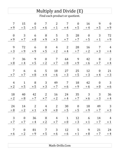The Multiplying and Dividing with Facts From 0 to 9 (E) Math Worksheet