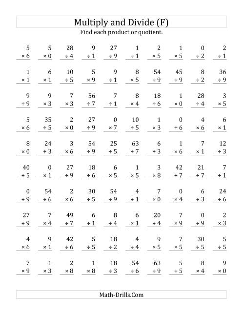 The Multiplying and Dividing with Facts From 0 to 9 (F) Math Worksheet