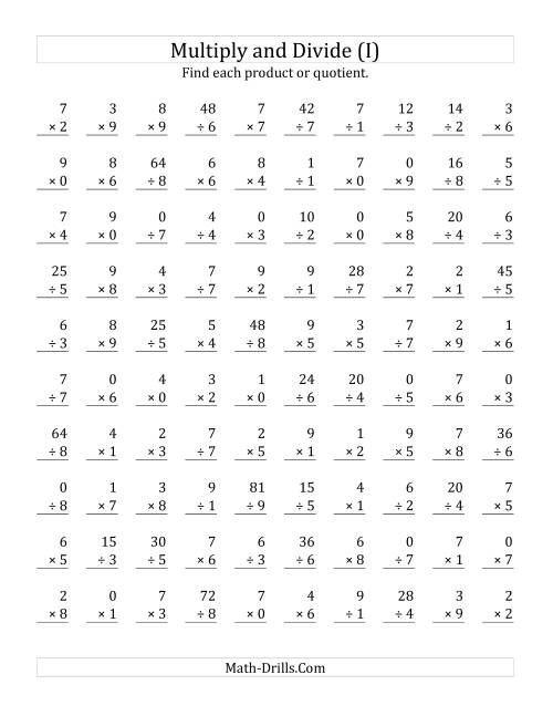 The Multiplying and Dividing with Facts From 0 to 9 (I) Math Worksheet
