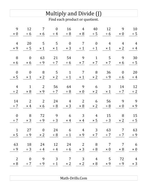 The Multiplying and Dividing with Facts From 0 to 9 (J) Math Worksheet