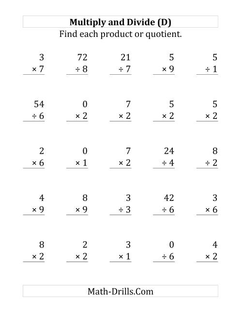 The Multiplying and Dividing with Facts From 0 to 9 (D) Math Worksheet