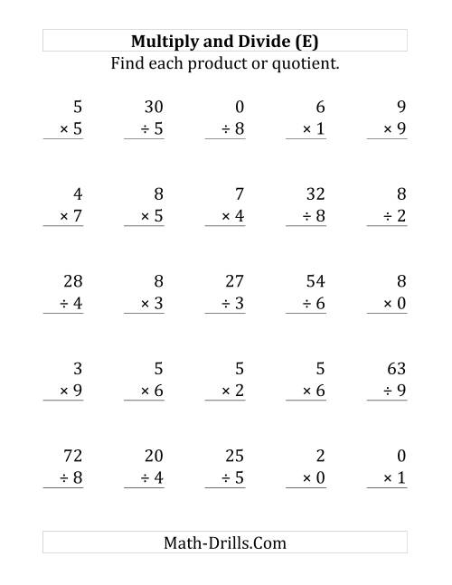 The Multiplying and Dividing with Facts From 0 to 9 (E) Math Worksheet