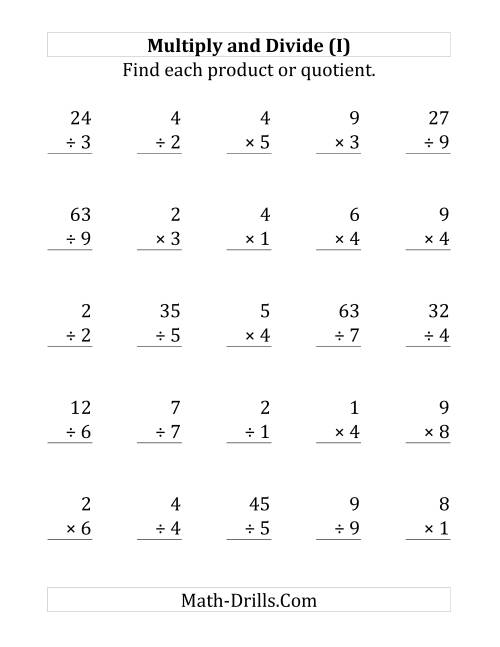 The Multiplying and Dividing with Facts From 0 to 9 (I) Math Worksheet