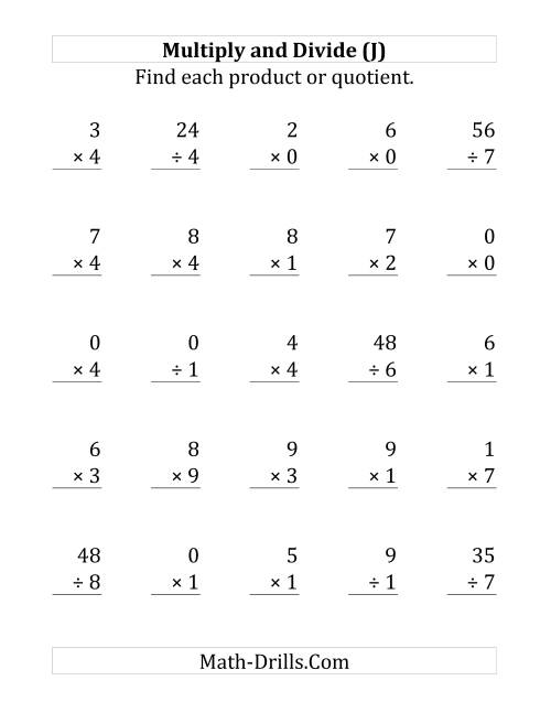 The Multiplying and Dividing with Facts From 0 to 9 (J) Math Worksheet