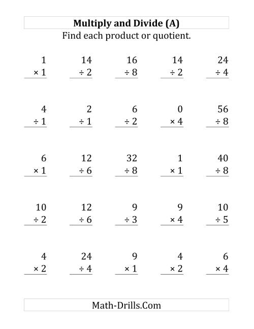 The Multiplying and Dividing with Facts From 0 to 9 (Large Print) Math Worksheet