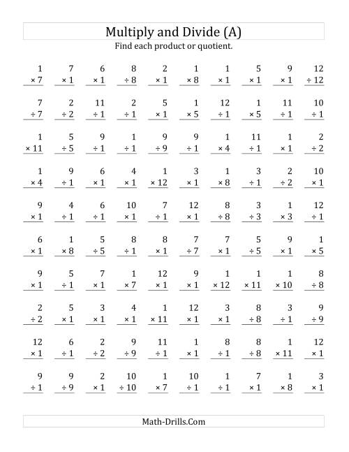 The Multiplying and Dividing by 1 (A) Math Worksheet