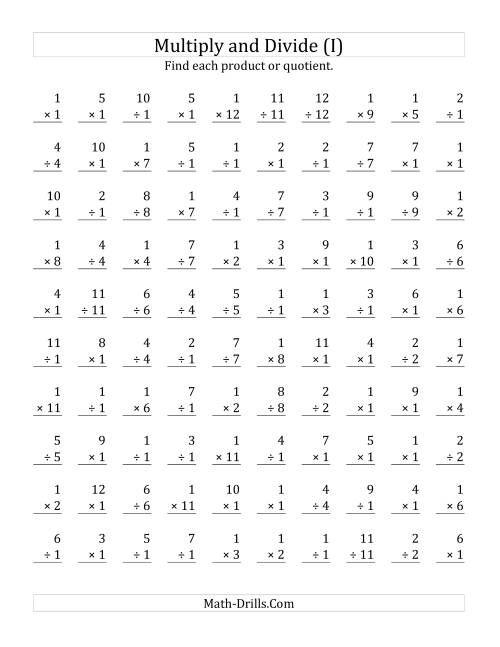 The Multiplying and Dividing by 1 (I) Math Worksheet