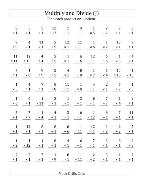 The Multiplying and Dividing by 1 (J) Math Worksheet