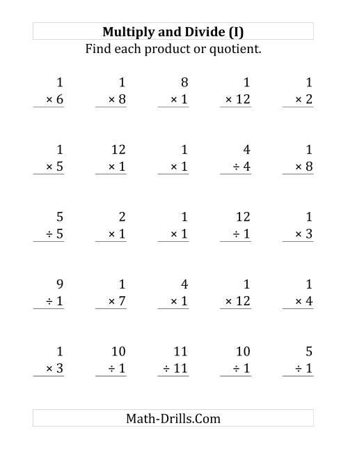 The Multiplying and Dividing by 1 (I) Math Worksheet