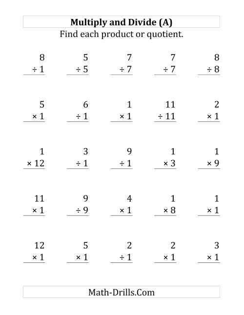 The Multiplying and Dividing by 1 (Large Print) Math Worksheet