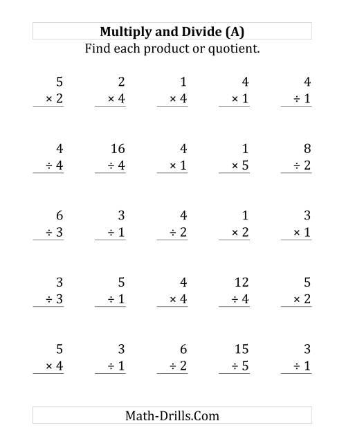 The Multiplying and Dividing with Facts From 1 to 5 (A) Math Worksheet