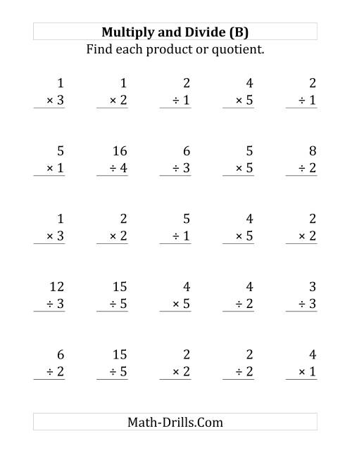 The Multiplying and Dividing with Facts From 1 to 5 (B) Math Worksheet