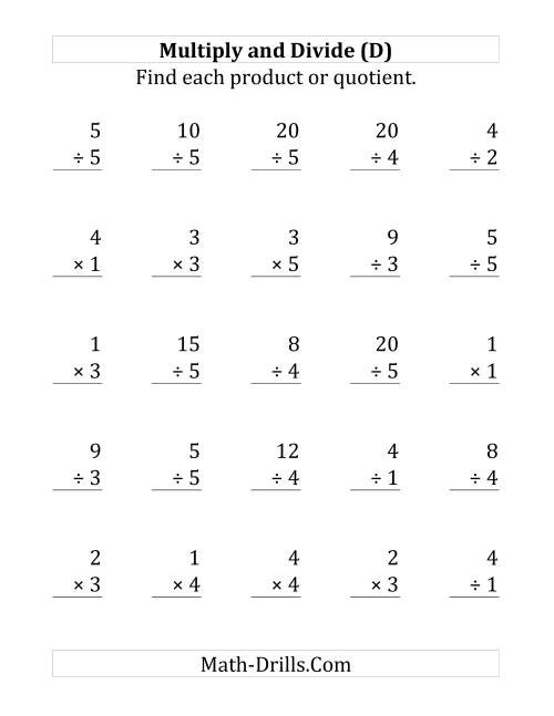 The Multiplying and Dividing with Facts From 1 to 5 (D) Math Worksheet