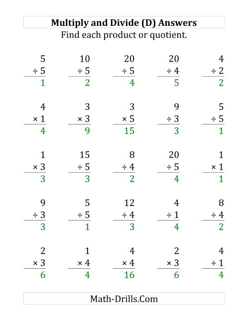 The Multiplying and Dividing with Facts From 1 to 5 (D) Math Worksheet Page 2