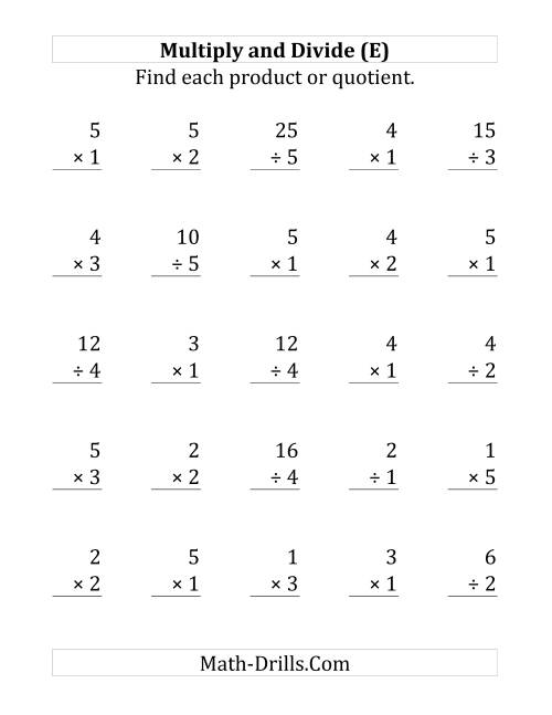 The Multiplying and Dividing with Facts From 1 to 5 (E) Math Worksheet