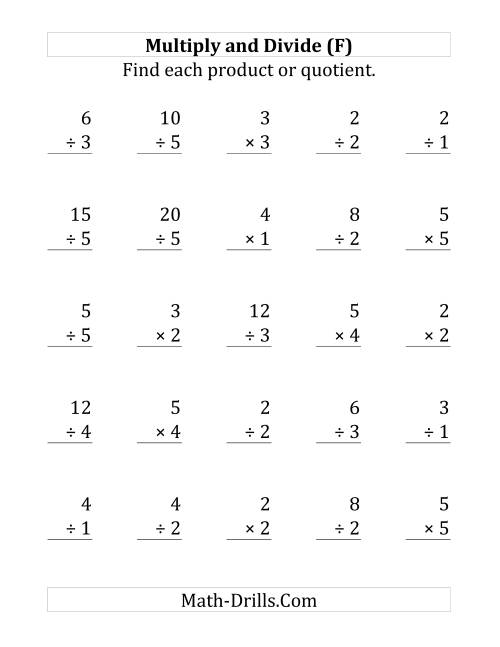 The Multiplying and Dividing with Facts From 1 to 5 (F) Math Worksheet