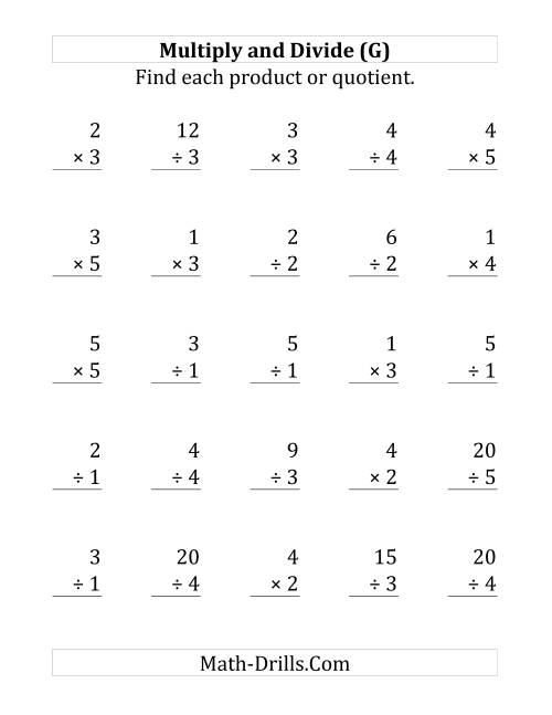The Multiplying and Dividing with Facts From 1 to 5 (G) Math Worksheet