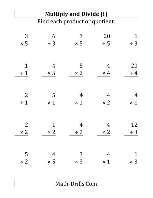 The Multiplying and Dividing with Facts From 1 to 5 (I) Math Worksheet