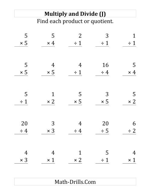 The Multiplying and Dividing with Facts From 1 to 5 (J) Math Worksheet
