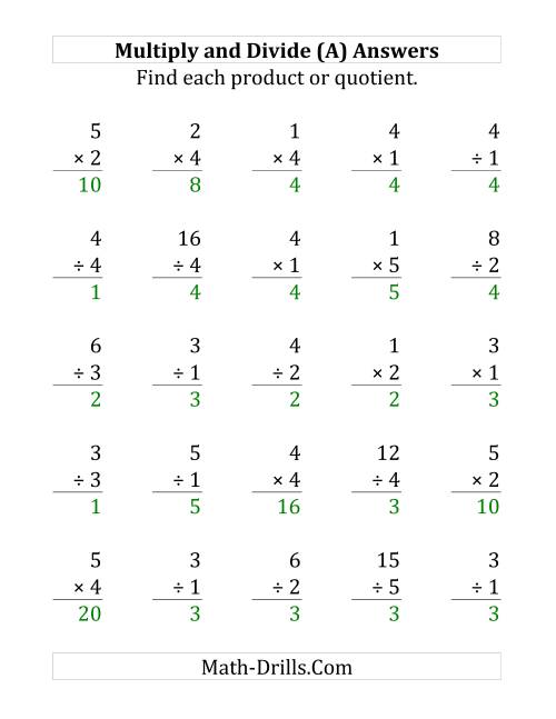 The Multiplying and Dividing with Facts From 1 to 5 (Large Print) Math Worksheet Page 2